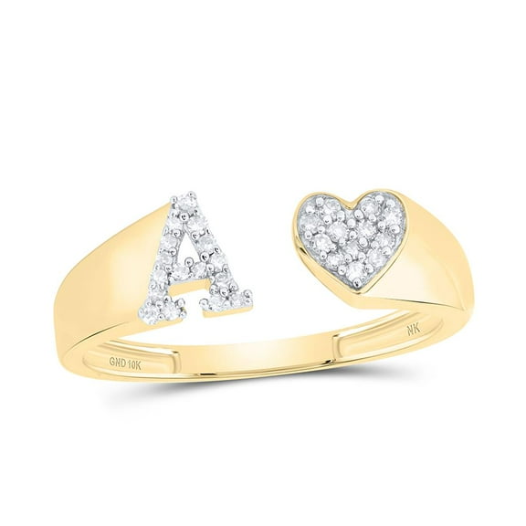 10K Yellow Gold Genuine Round Cut Diamond Women's Initial 'A' Letter w/ Heart Split Right Hand Statement Ring 1/10 Ct.