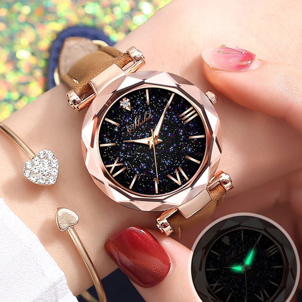 Reloj de cuarzo para mujer, unisex, con estrellas, punta pequeña, correa esmerilada y escala romana. Reloj de cuarzo.