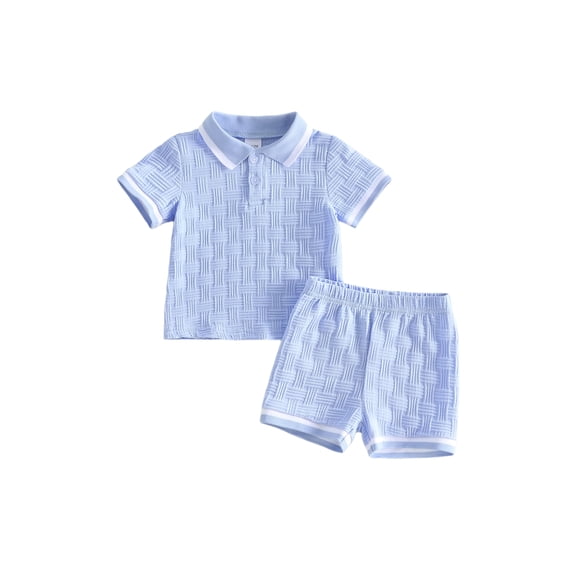 BemeyourBBs 2Pcs Toddler Baby Boy Summer Outfits Infant Baby Boys Summer Clothes Short Sleeve Lapel Collar Solid Color Jacquard Shirt Tops and Elastic Waist Shorts Set