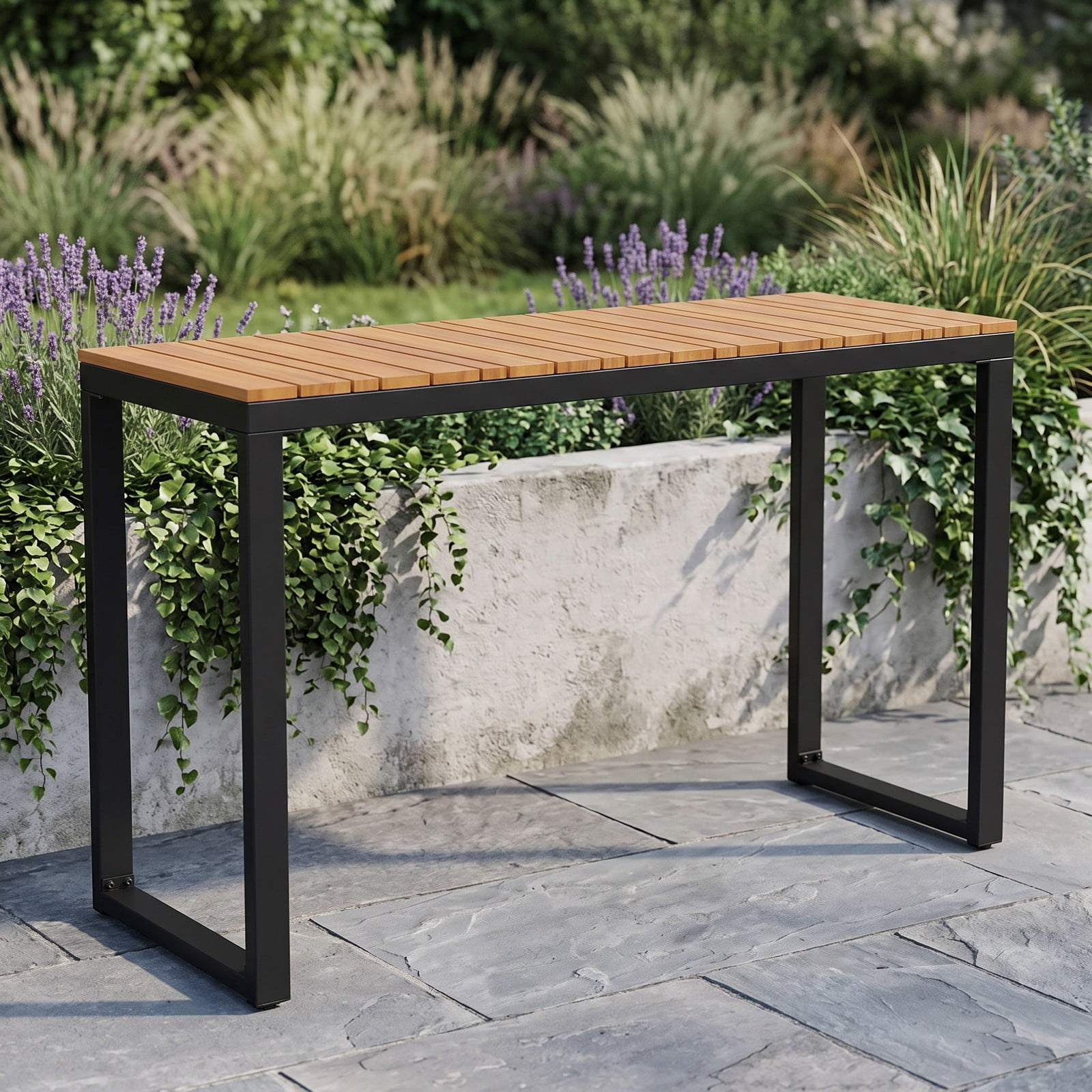 Furnibear Outdoor Rectangle Console Table with Slatted Acacia Wood Tabletop and Metal Frame for Patio and Living Room, Natural