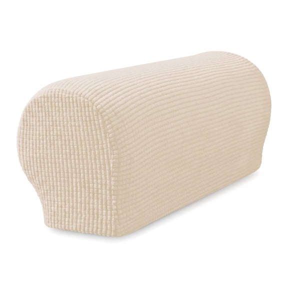WZB Set of 2 Stretch Armrest Slipcovers, Checkered Pet‑Proof Anti‑Slip Couch Arm Covers with Hook & Loop Tape, Ivory