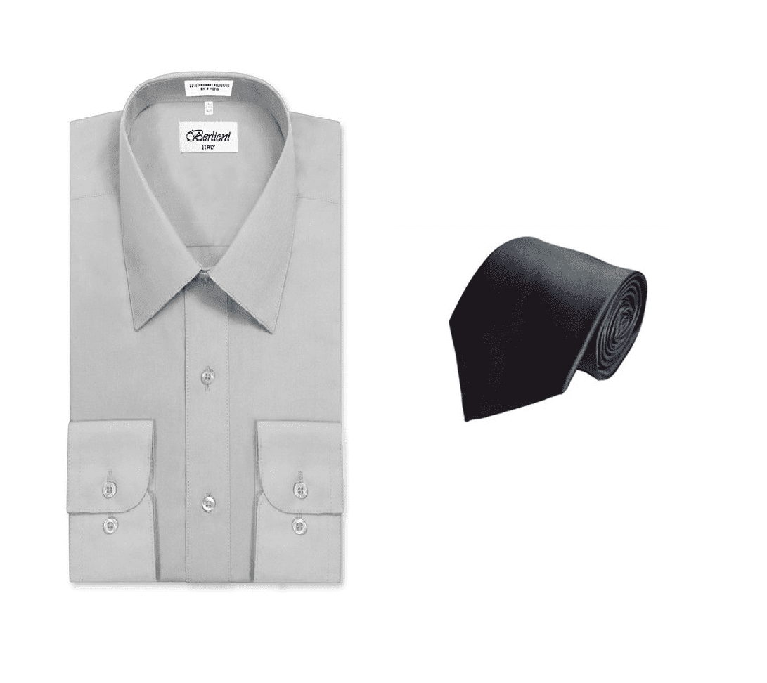 Berlioni Italy Men's Premium French Convertible Cuff Solid Dress Shirt Black 