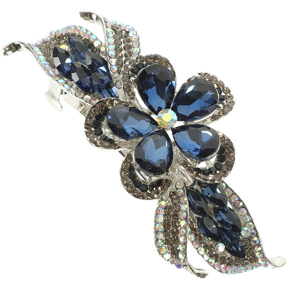 Crystal Flower Hair Clip Accessory Alloy Women's Adult Rhinestone Small Spring (Navy Blue) Tongs Mother Miss