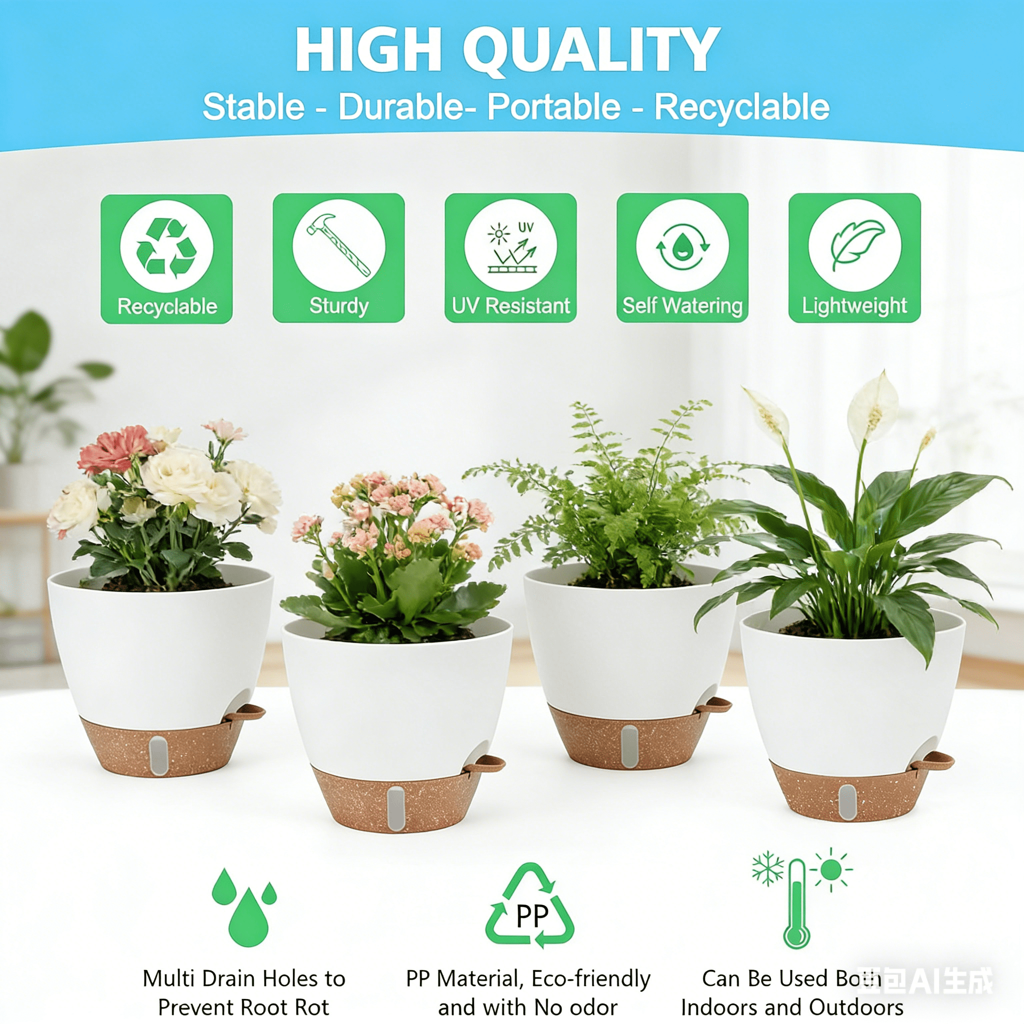 Lopxenu 12/10/9/8 Inch Self Watering Pots with Visual Water Window, Extra Large Self Watering Plant Pot with Drainage Holes and Saucers, Plastic Flower Pots for Indoor Plants (White)