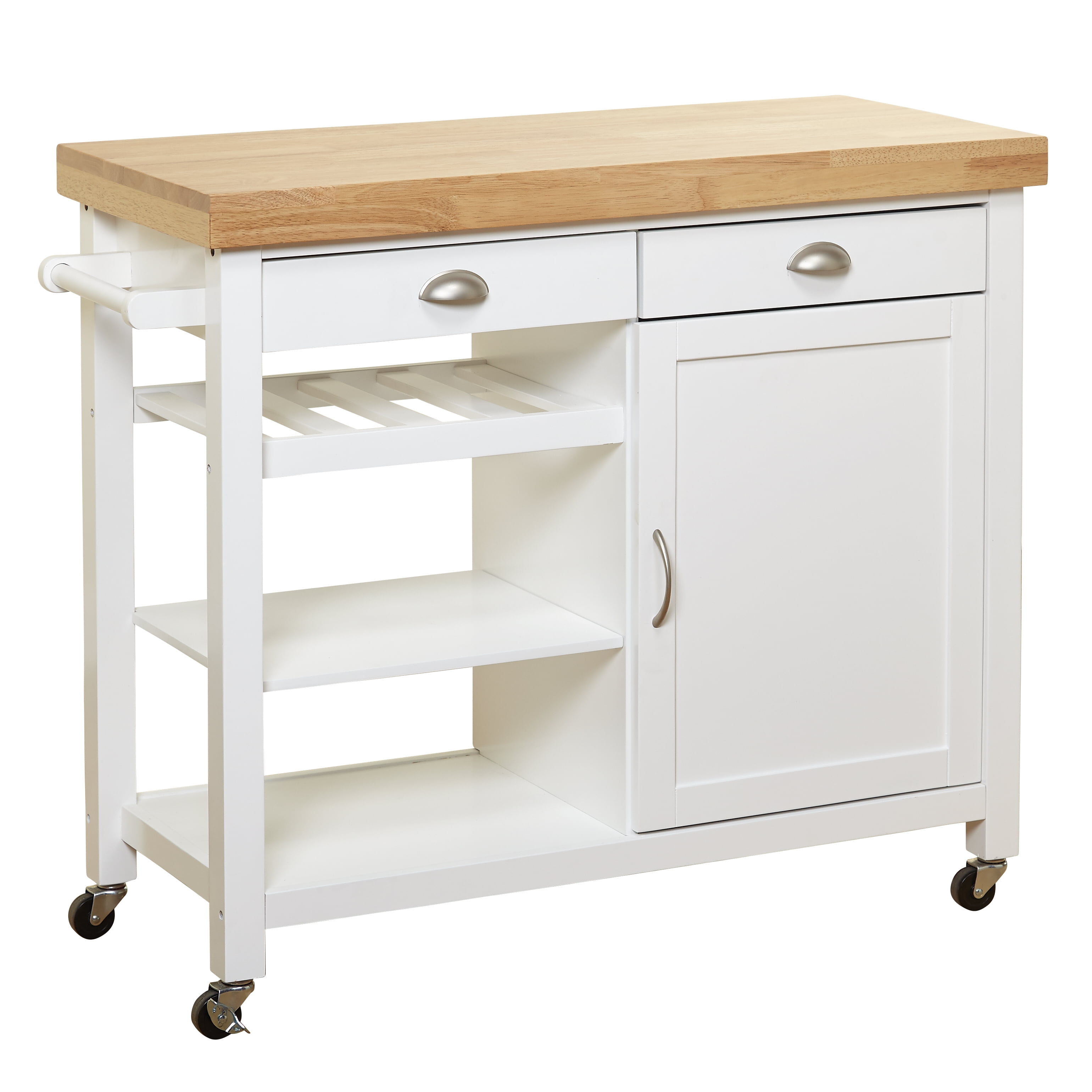 TMS Martha Butcher Block Rolling Kitchen Island with Cabinet, Drawers, Shelves, and Towel Rack, White