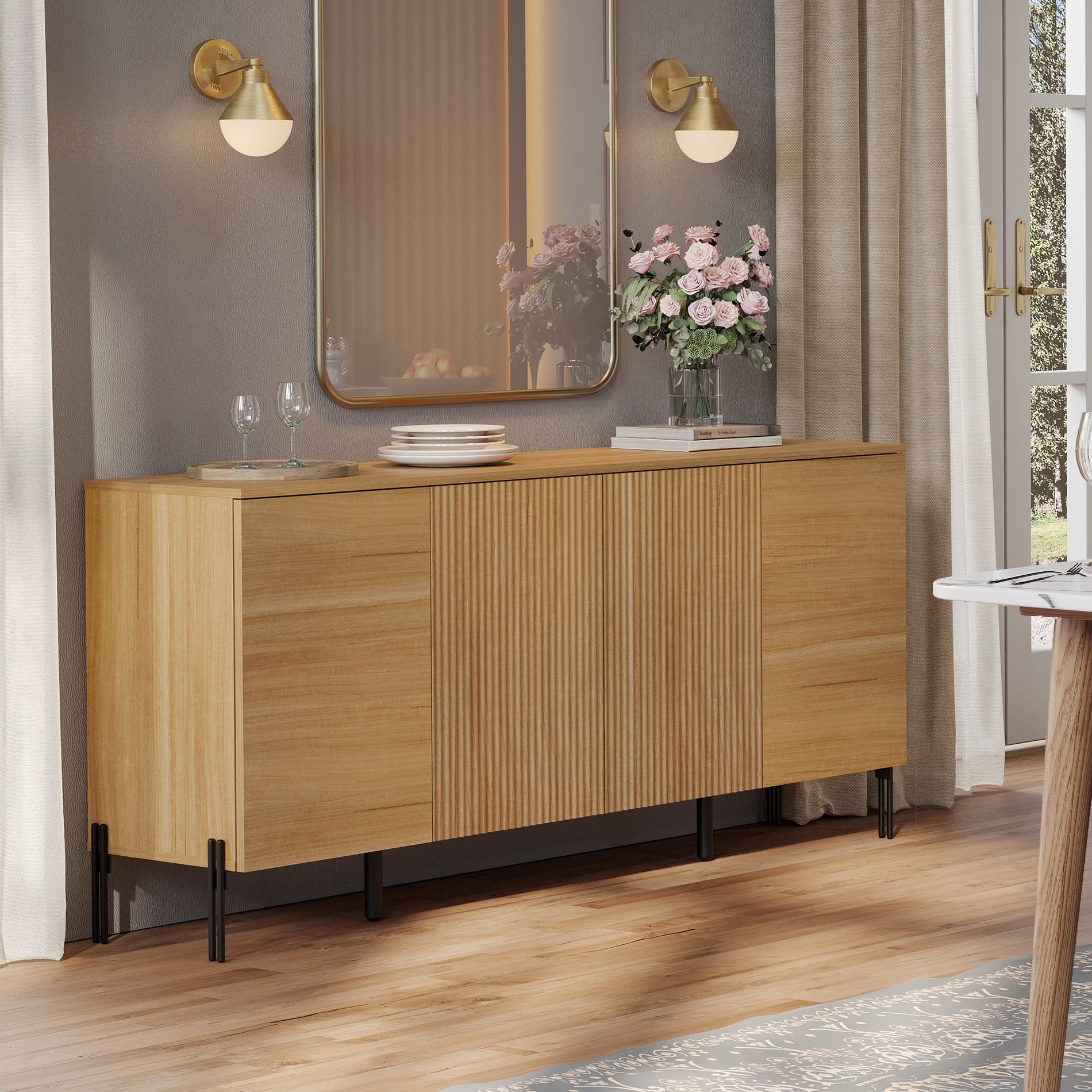 61" Minimalist 4-Door Sideboard With Rectangular Geometric Design And Double Chopstick Leg Base