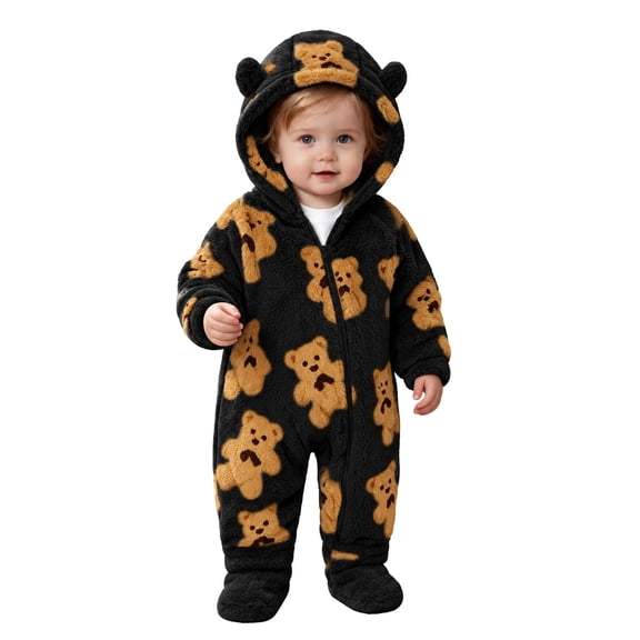 Maqroz Animal Print Boys Girls Fleece Jumpsuit Long Sleeve Hooded Romper Cute Cubby Graphic Loungewear with Zip