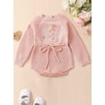 thumbnail image 2 of Infant Baby Girl Knit Jumpsuit Flower Embroidery Long Sleeve Drawstring Waist Romper, 2 of 9