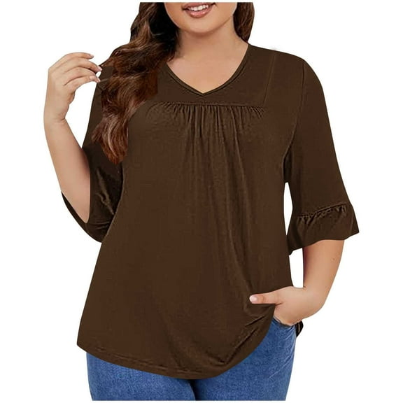 WREESH Womens T-Shirts Plus Size Top 3/4 Ruffled Sleeve Shirt Casual V-Neck Pleated T-Shirt Loose Fitting Cotton Shirt Brown