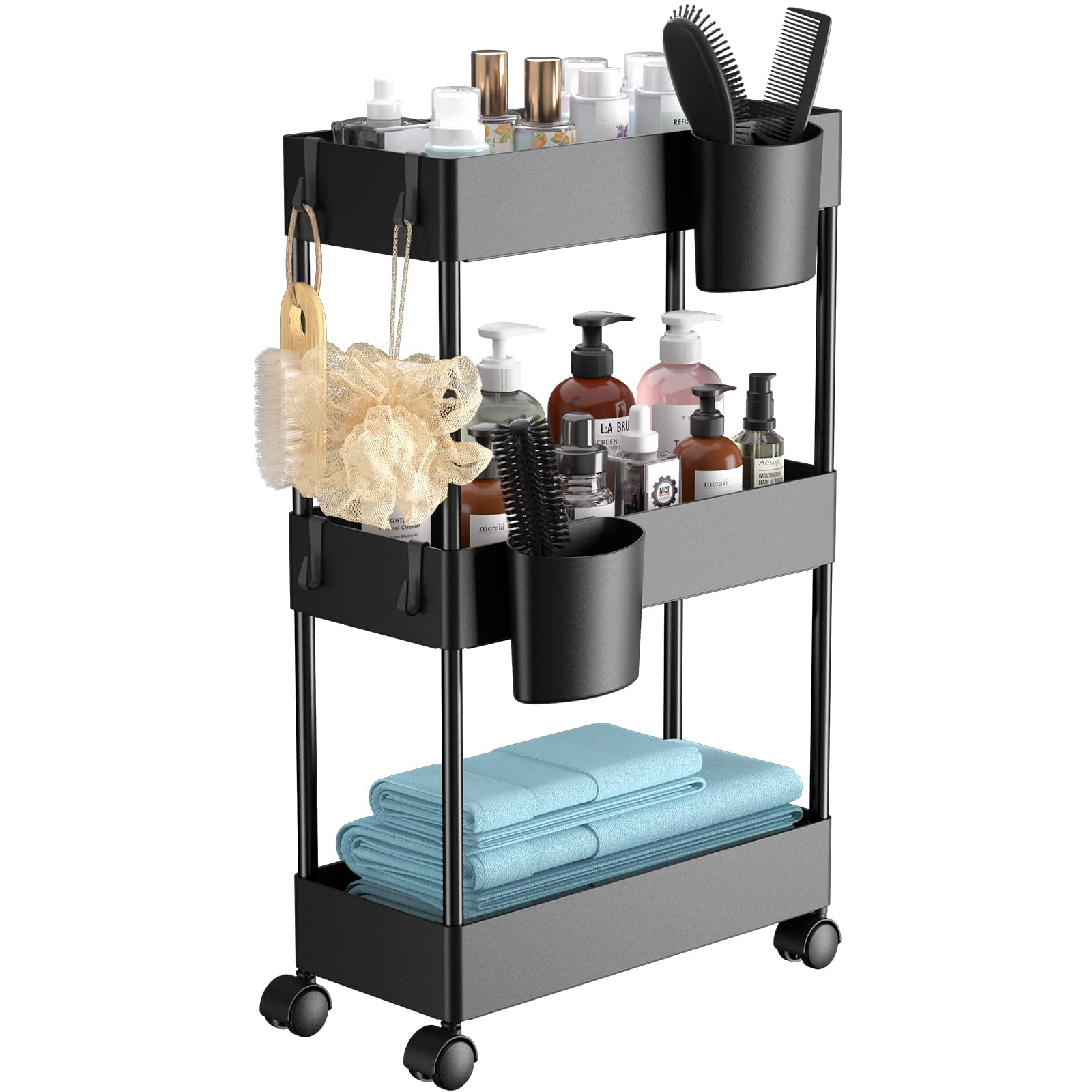 3 Tier Removable Slim Storage Cart with Wheels, Bathroom Cart Organizer