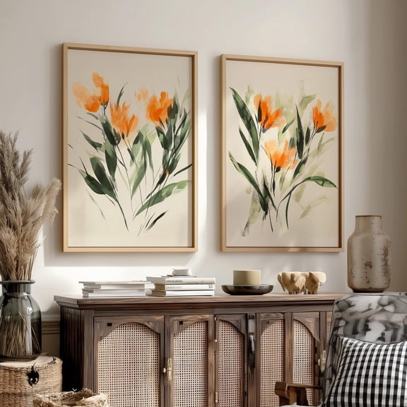 Abstract Botanical Wall Art Prints, Green, Orange, Sage Decor Set Of 2 Home Decor #2337, 8x12 UNFRAMED
