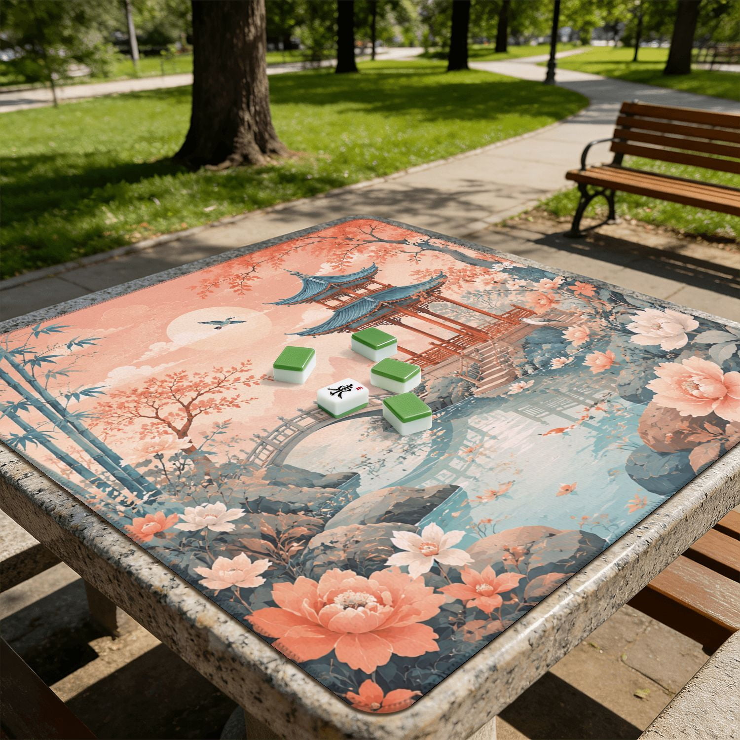 Mahjong Mat 31.5" x 31.5" Oriental Garden Scene Pagoda Blossoming Flowers Birds Pastel Colors Non-Slip Noise Reduction American Mahjong Tiles Table Cover for Dominoes Poker Card Board Games Gift