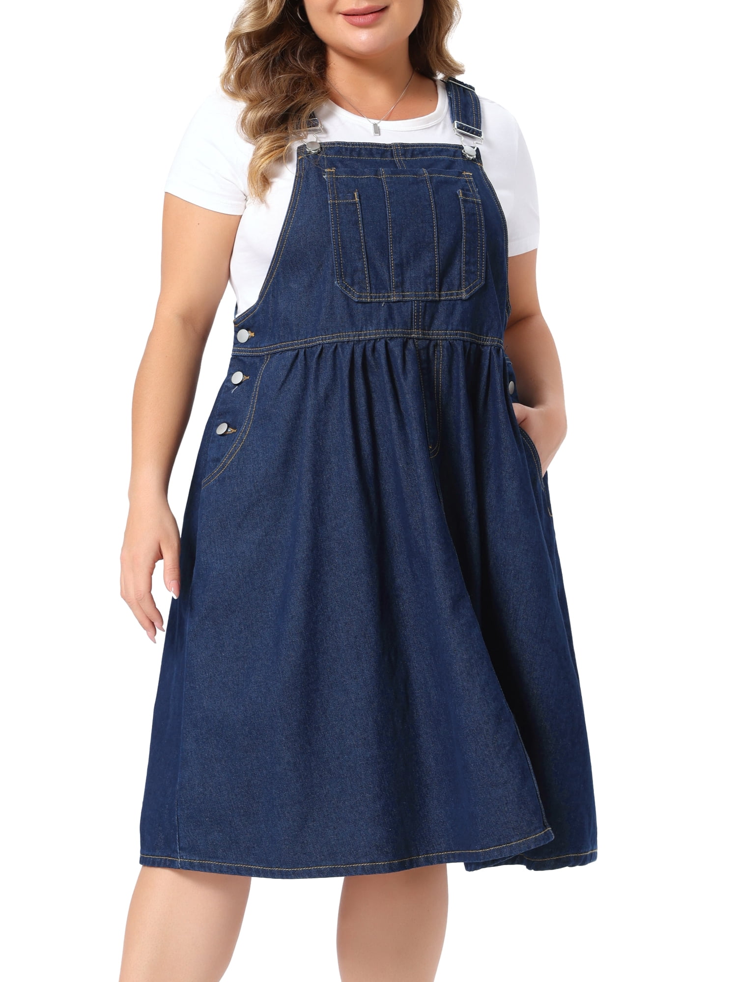 DARING DIVA Women's Plus Denim Overalls Jumper Jean Midi Dress 3X Black Blue