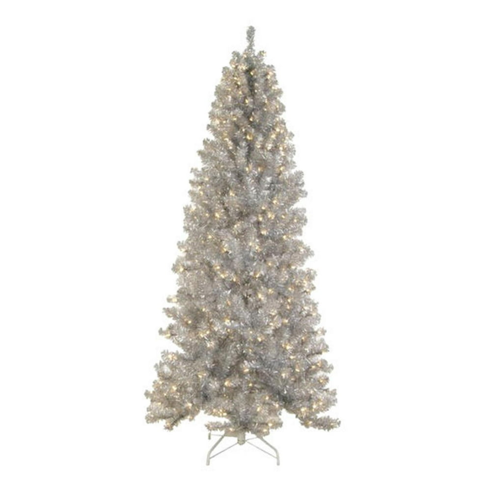 7.5' PreLit Silver Tinsel Noble Pine Artificial Christmas Tree  Clear
