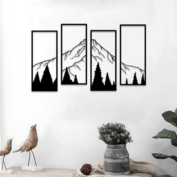 ESTART 4 Pcs Metal Mountain Forest Wall Art, Minimalist Line Rustic Nature Wall Decor for Men Bedroom, Man Cave, Bachelor Pad, Office, Living Room