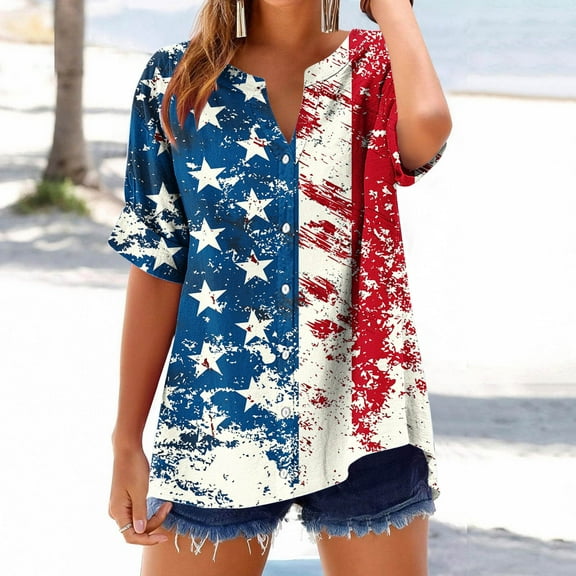 Cavosen Independence Day T Shirt Women Petite Red White and Blue Short Sleeve V Neck T Shirts USA Star Striped Graphic Shirts Lady XL Patriotic Casual Shirts Independence Day Tunic Tees