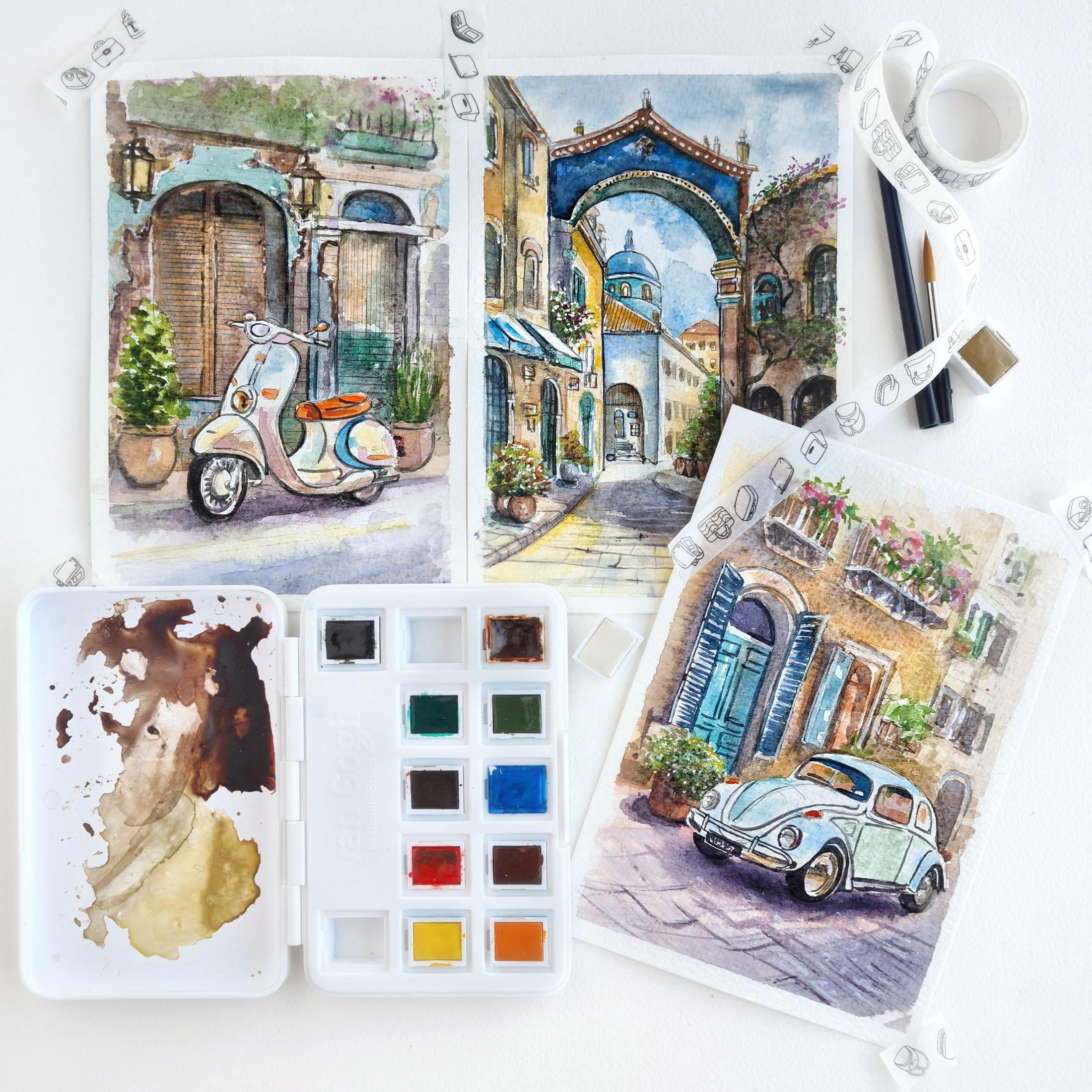 Van Gogh Watercolor Paint Set, Plastic Pocketbox, 12-Half Pan General Selection