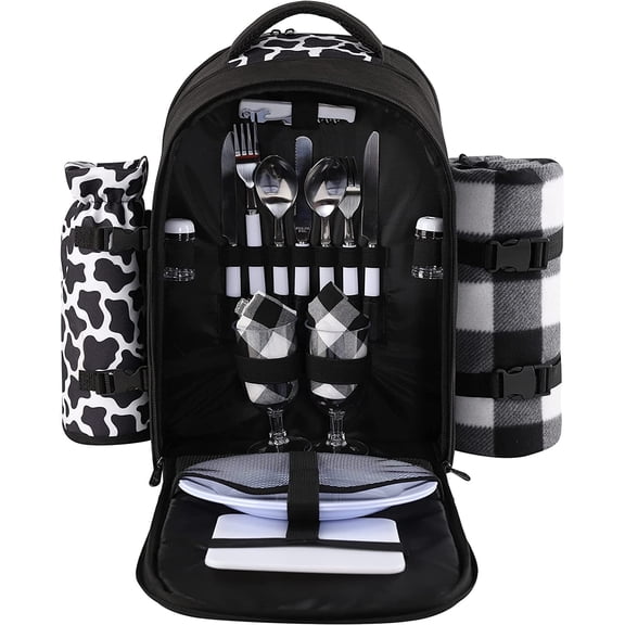 Picnic Backpack Bag for 2 Person with Cooler Compartment, Detachable Bottle/Wine Holder, Fleece Blanket, Plates and Cutlery Set (2 Person, Black)