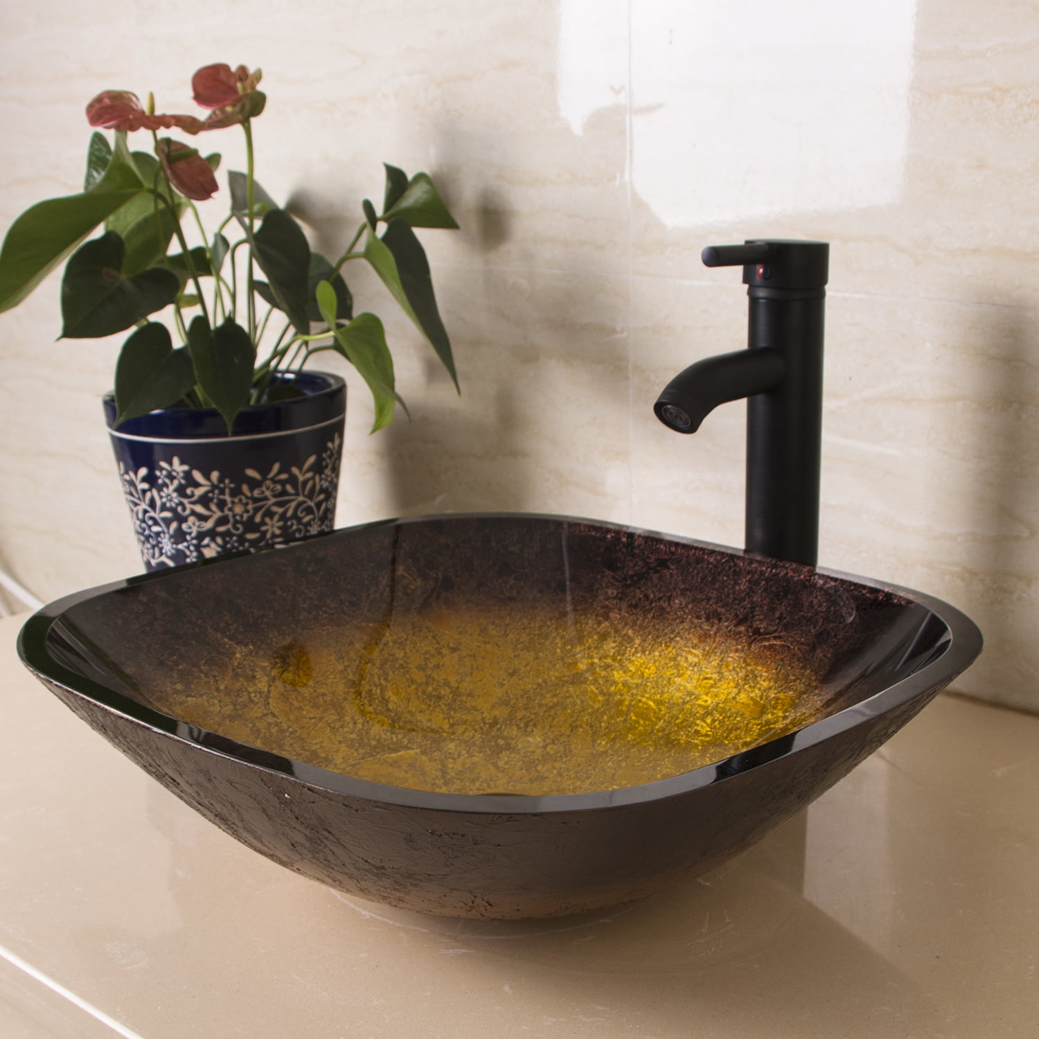 Elegant Bathroom Bronze Sink Vessel Basin Bowl Tempered Glass Faucet Popup Combo 
