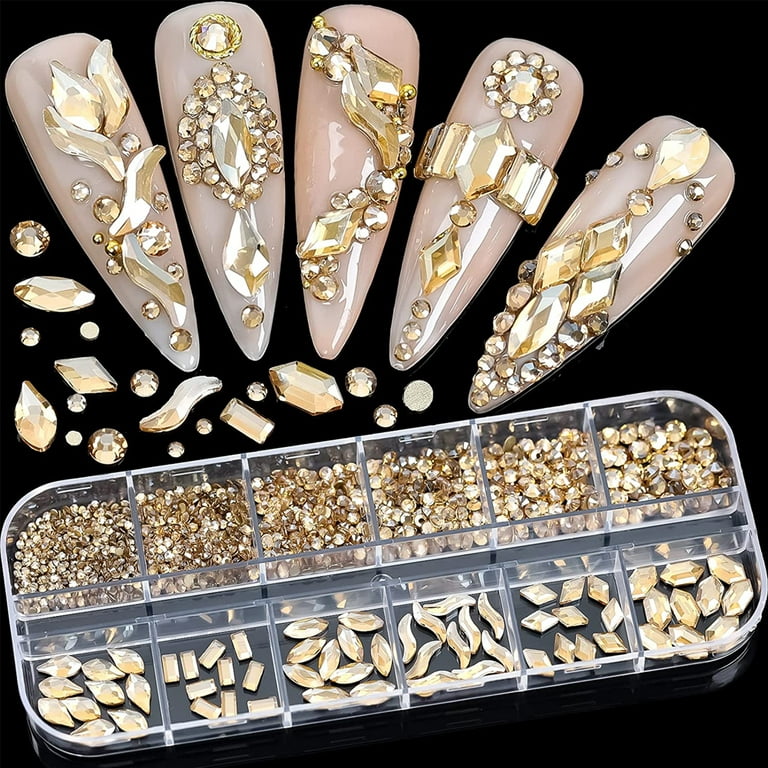 1660Pcs Champagne Nail Rhinestones for Nails 3D Pointed Bottom Nail  Crystals Gemstones Nail Crystals Shapes Rhinestones Nail Gems Gold Charms  Gold