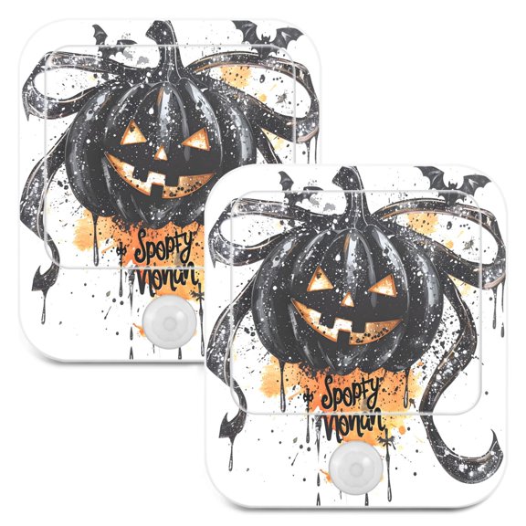 BZSMCE Decorative Halloween Bow Pumpkin Print LED Night Light 2‑Pack Warm White Stepless Dimmable Plug‑in Lamp for Home Hallway Bathroom