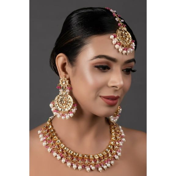 Indian kundan Jewelry, Kundan choker, Gold plated jewelry, Kundan necklace set, Necklace earrings tikka set, Kundan Bridal Set, Pink Necklace