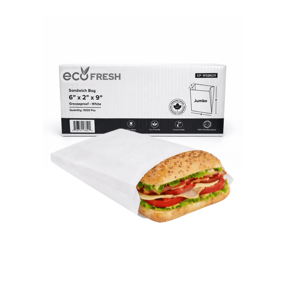 1000pcs Greaseproof Paper Sandwich Bags (6x2x9 Jumbo) – Eco-Friendly Pinch Bottom Kraft Bags for Bakery, Snacks, Sandwiches, Cookies – White Recycled Durable Paper Bags