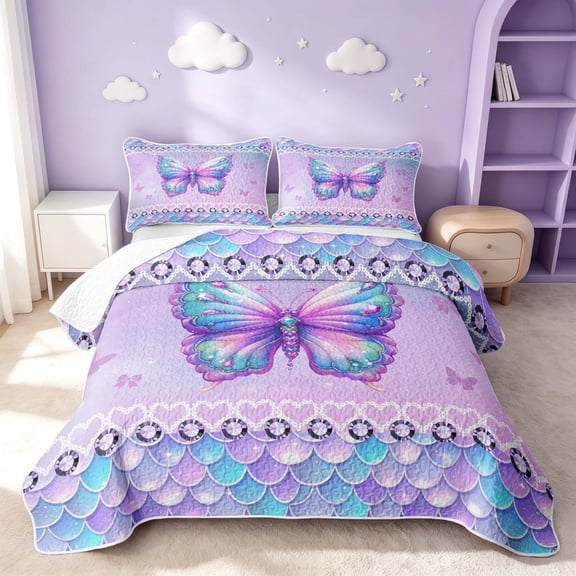 Erosebridal Kawaii Butterfly Twin Quilt Set, Cute Wildlife Twin Coverlet Set, Polka Dots Reversible, Pastel Purple, 2-Piece (1 Bedspread and 1 Pillowcase)