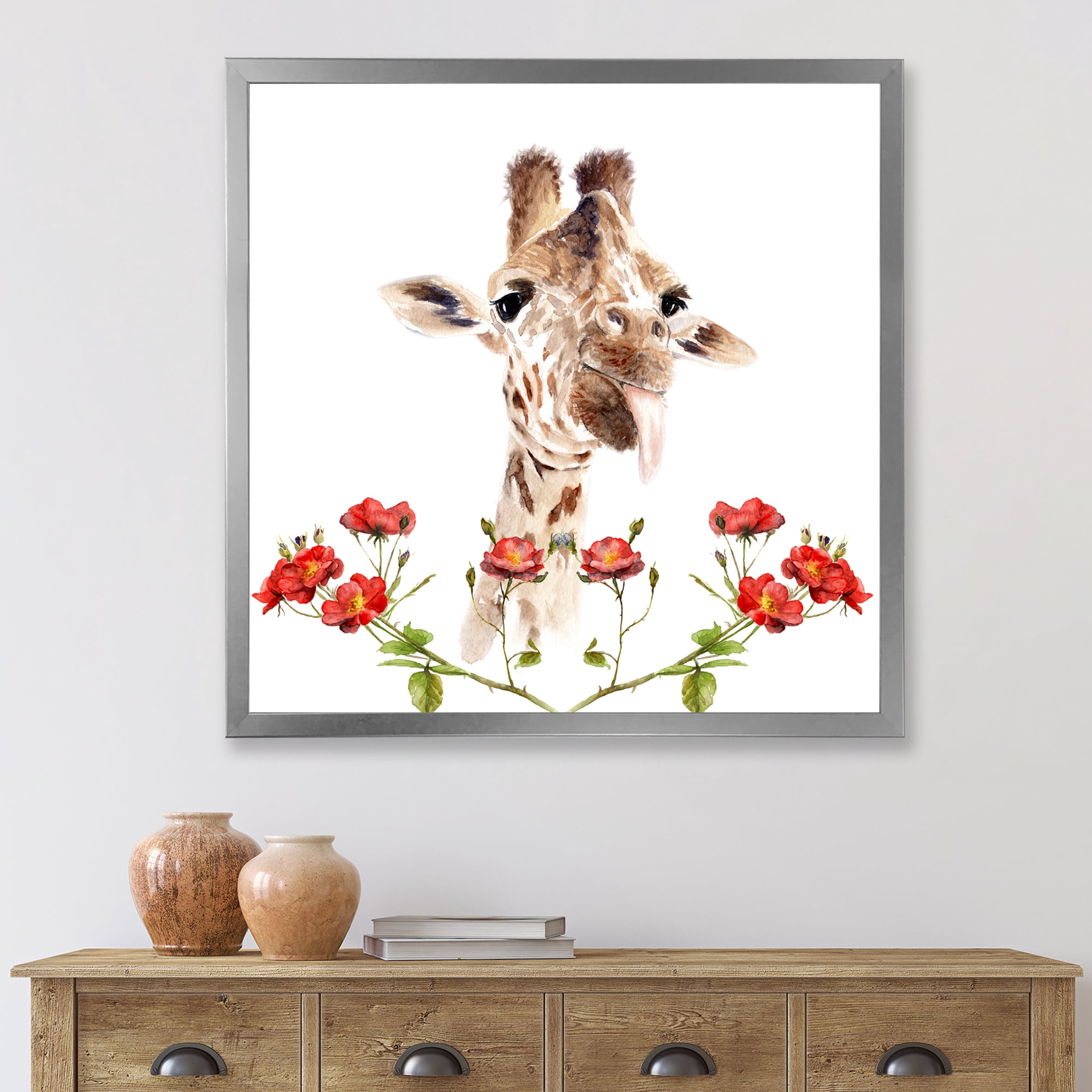 Designart 'Portrait of A Giraffe With Red Flowers I' Farmhouse Framed Art Print