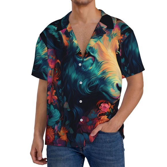 Wukai Colorful Flower Goat Print Men's Casual Short-Sleeve Button Down Shirt,Cuban Shirts for Men,Mens Short Sleeve Dress Shirts-3X-Large