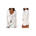 thumbnail image 3 of Women Ruffle Tie Front Cardigan Sweater Long Bell Sleeve Cropped Knit Sweater Top White M, 3 of 7