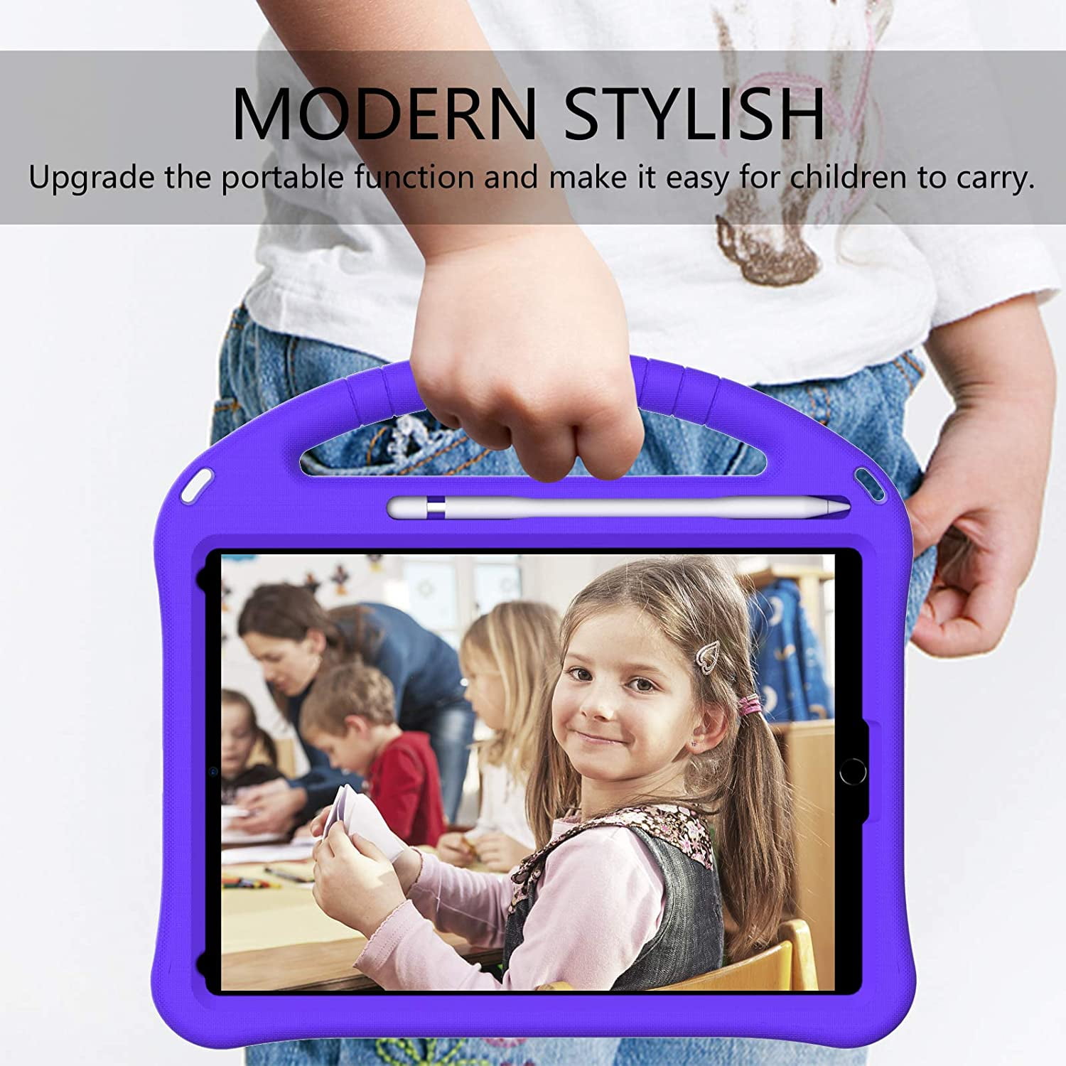 Allytechgroup Kids Case for iPad 9th/8th/7th Generation iPad 10.2 inch 2021/2020/2019 with Kickstand/Handle Stand/Pencil Holder [Screen Protector] Shockproof Cover for Boy Girl Children, Purple