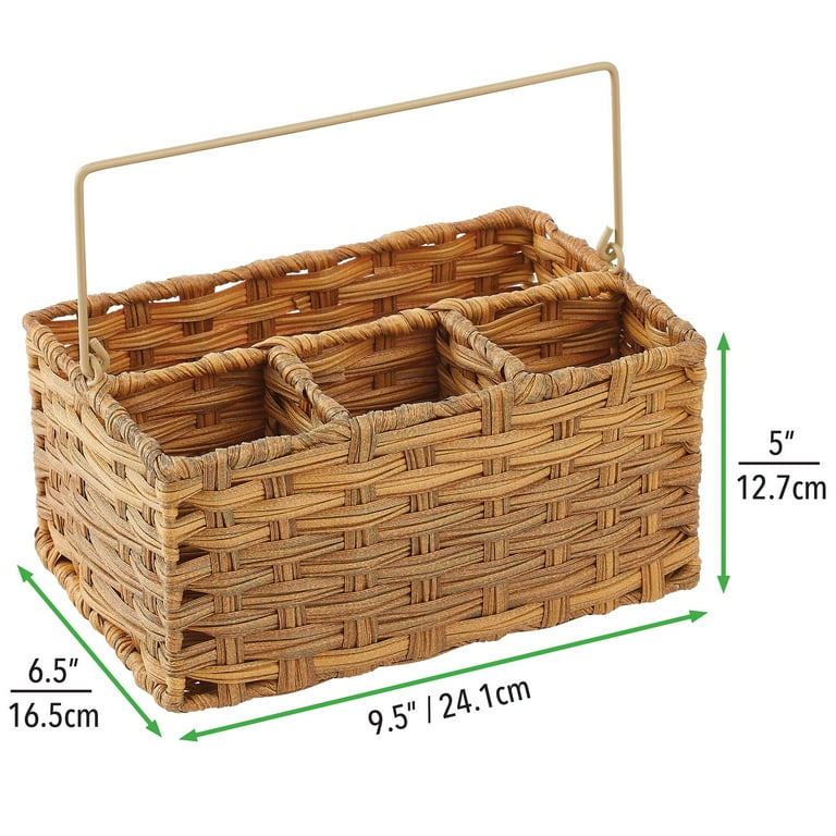 mDesign Plastic Kitchen Tote, Divided Basket Bin- Clear/Natural Wood Handle