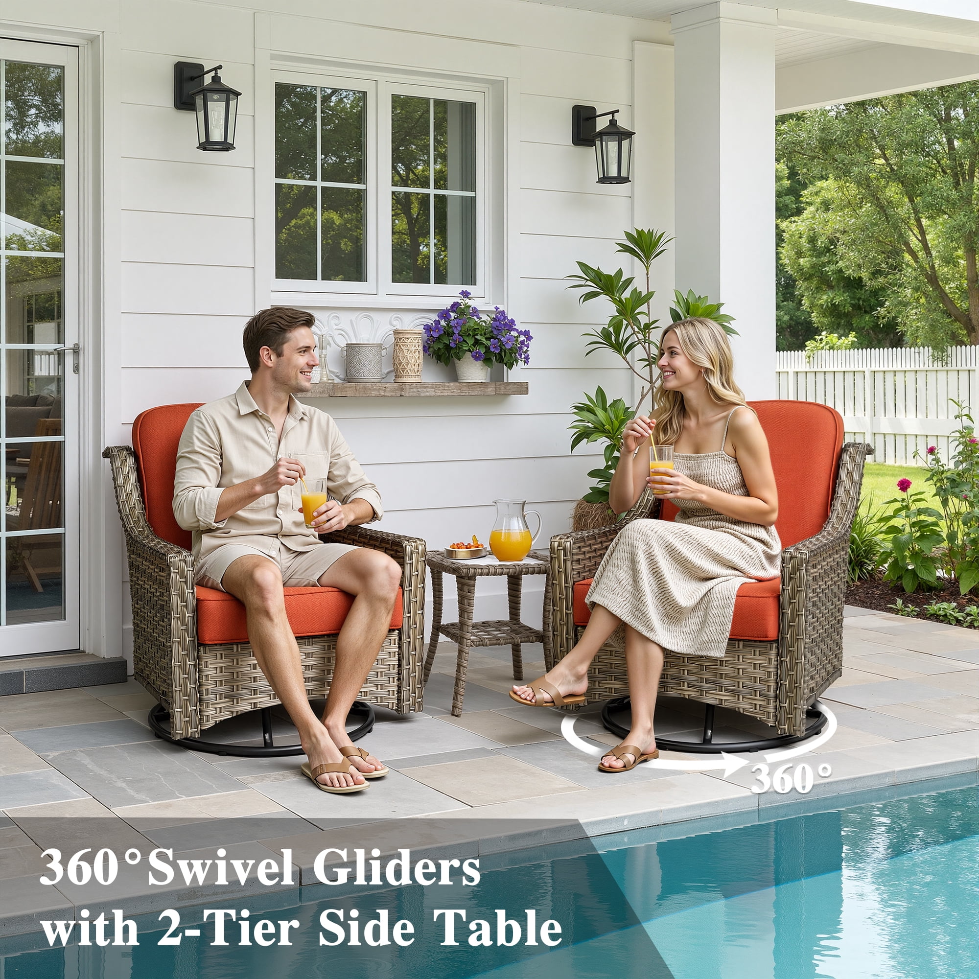Ovios 5 Pieces Outdoor Patio Furniture Set High-Back Rattan Wicker Conversation Set Outdoor Sectional with Swivel Chairs & Solar Light Coffee Table, Coarse Orange Red
