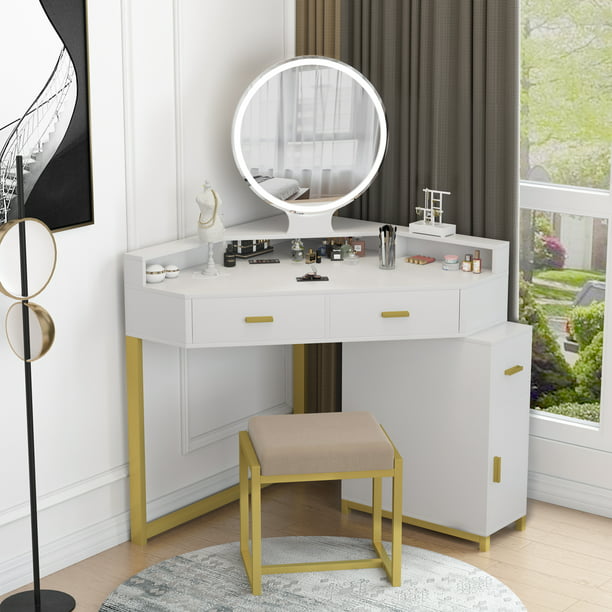 Corner Dressing Table Makeup Desk With, Corner Vanity Set With Lighted Mirror