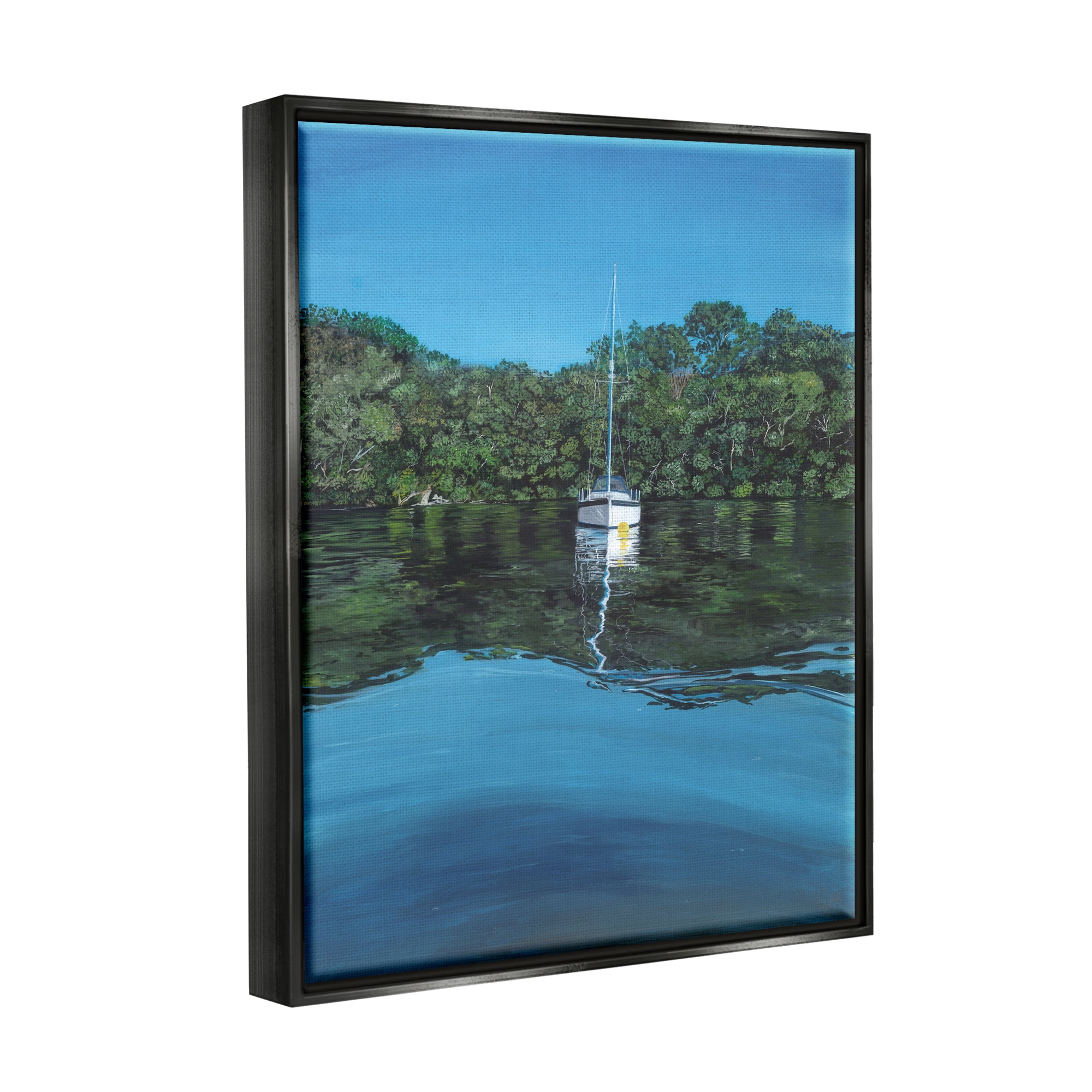 Stupell Industries Boat on Sea Ripples Transportation Painting Black Floater Framed Art Print Wall Art, 17 x 21