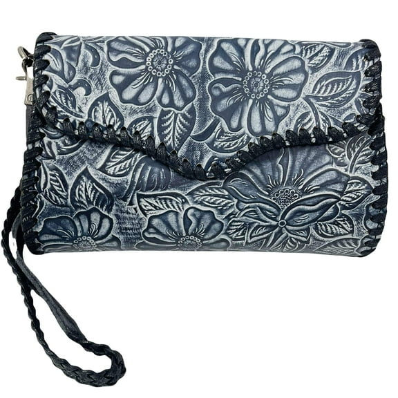 Floral Tooled Crossbody Leather Envelope Clutch Handbag