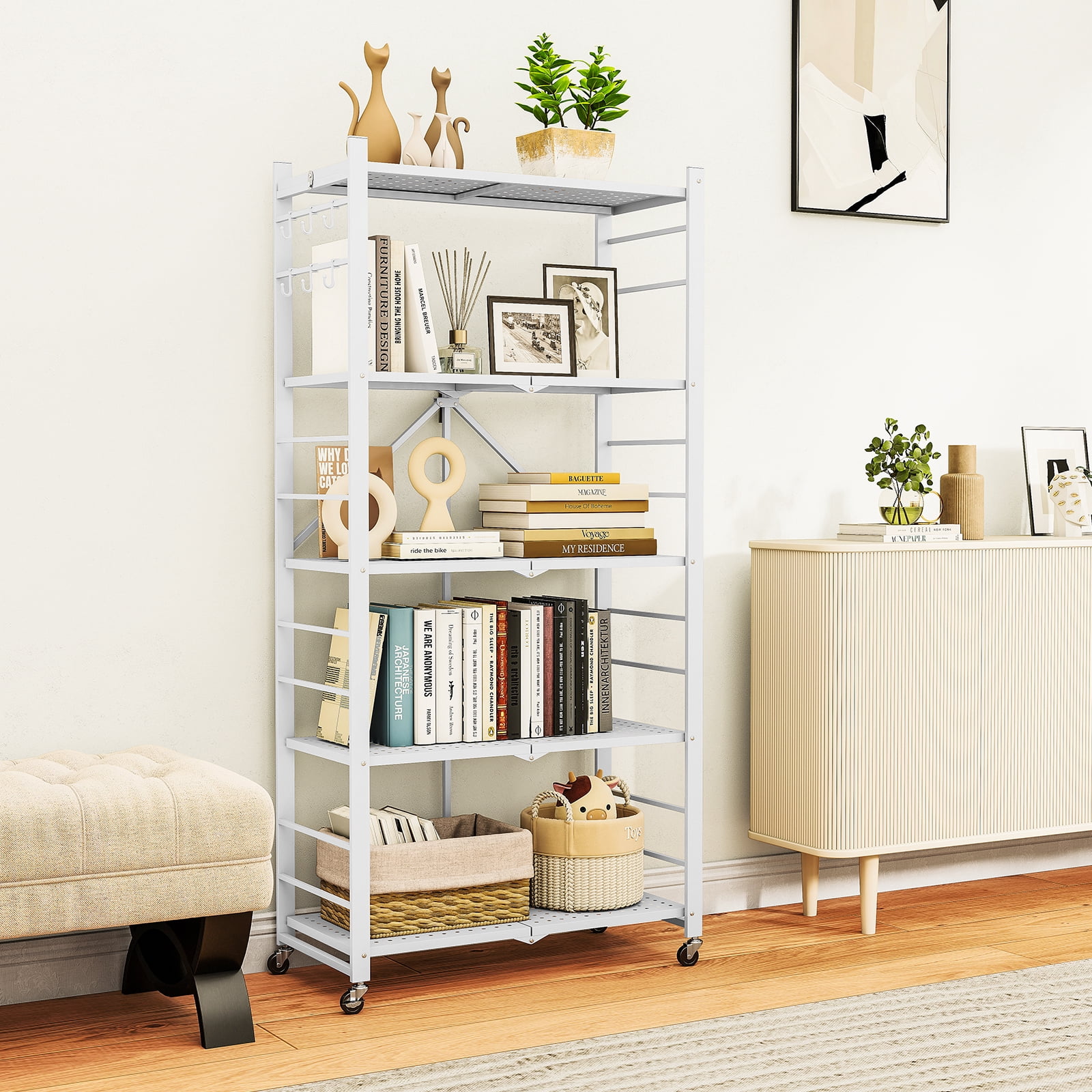 Fenbeli Storage Shelves,5-Tier Foldable Metal Wire Storage Shelf with Wheels, Heavy Duty Organizer Rack for Garage, Kitchen, Closet, White
