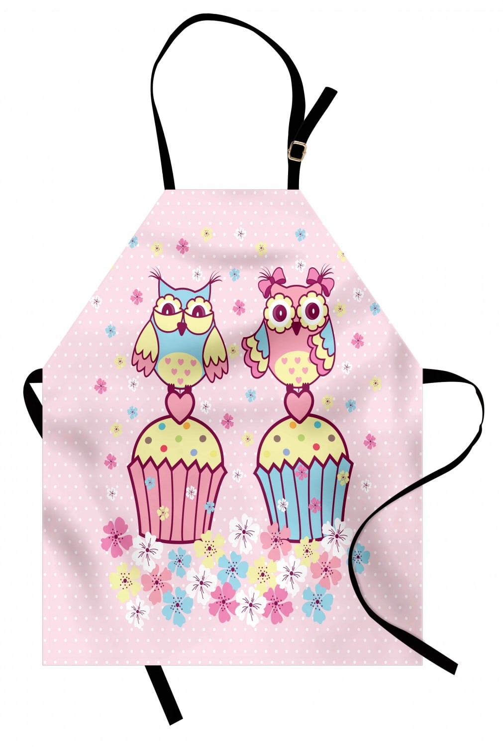 Owls Apron Two Owl Couples on Cupcakes Springtime Happiness Romantic Children Art, Unisex Kitchen Bib Apron with Adjustable Neck for Cooking Baking Gardening, Pale Pink Sky Blue Yellow, by Ambesonne