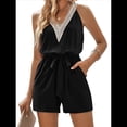 thumbnail image 3 of Mono Corto Sexy de Verano para Mujer con Cuello en V, Sin Mangas, Informal, con Lazo en la Cintura y Bolsillo, 2025 Negro L, 3 of 8