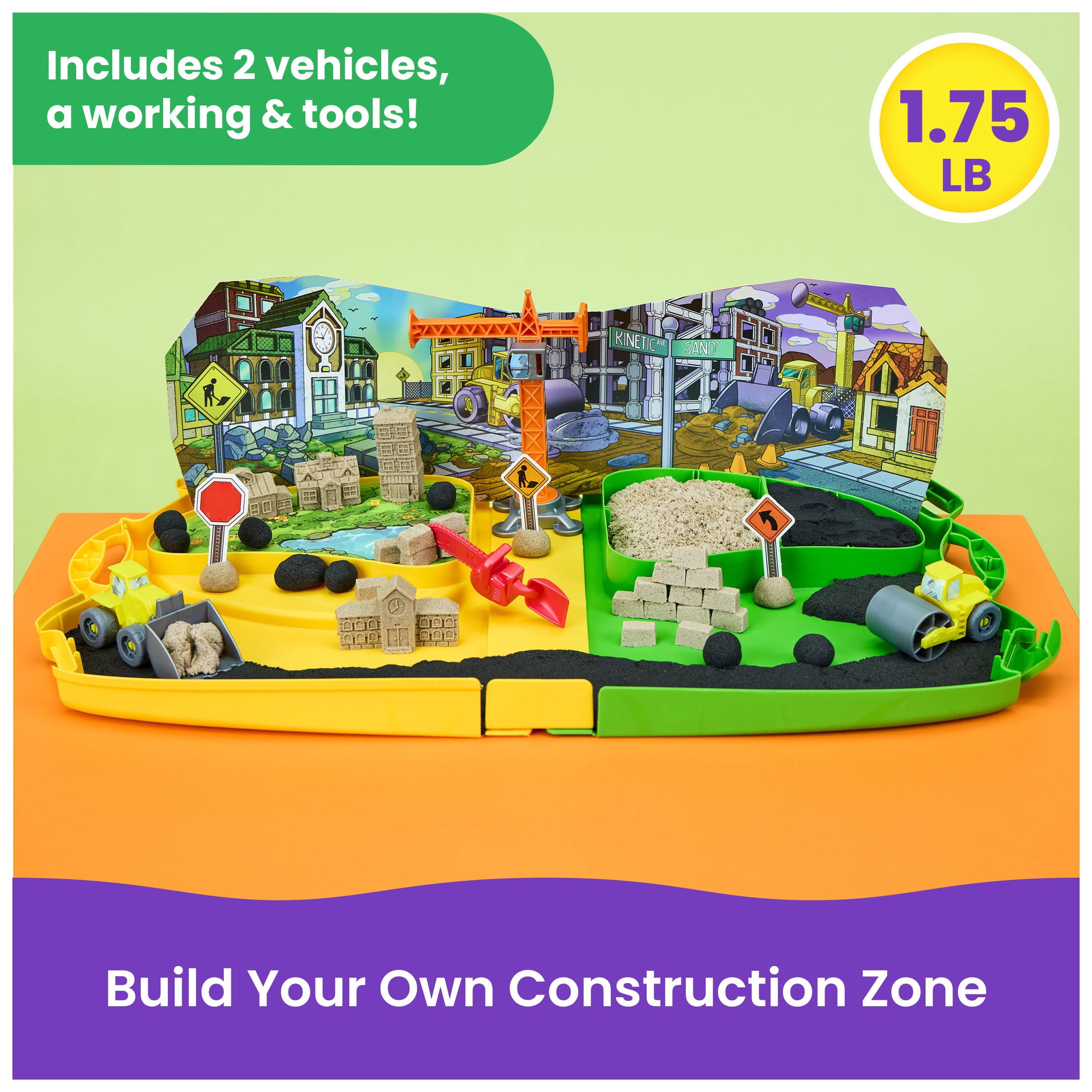 Kinetic Sand, Construction Zone with 1.75lb Sand, 2 Vehicles, Tools & Storage Case