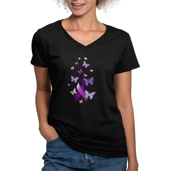 CafePress - Purple Awareness Ribbon T Shirt - Women's V-Neck Dark T-Shirt