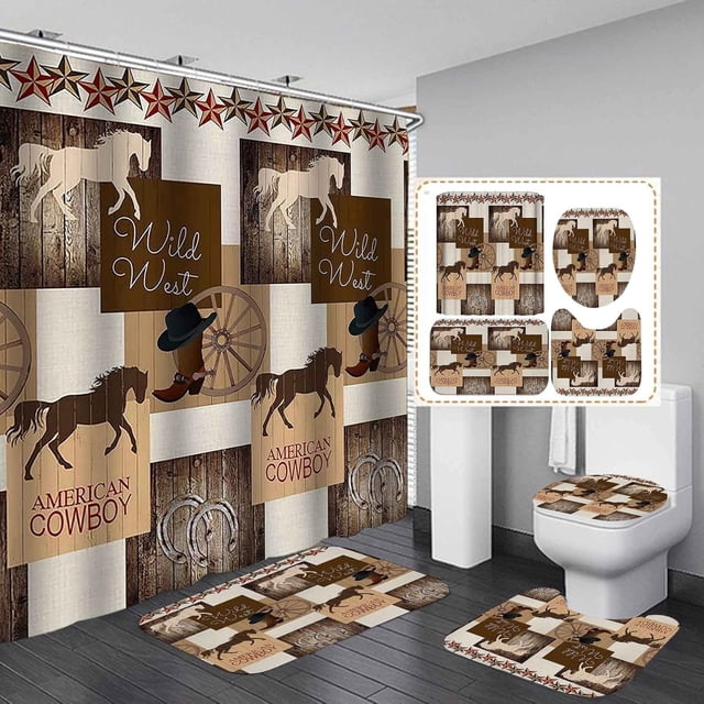 Juego de 4 cortinas de ducha occidentales, diseño de vaquero de rodeo, estrella de Texas, bandera vintage de Texas, flor azul, estilo rústico, decoración de baño, cortina de ducha de tela