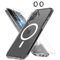 4-in-1 Entronix Bundle for iPhone 16, Magnetic Clear Case & 2 Screen Protector & Metallic Camera Lens Protector, Silver