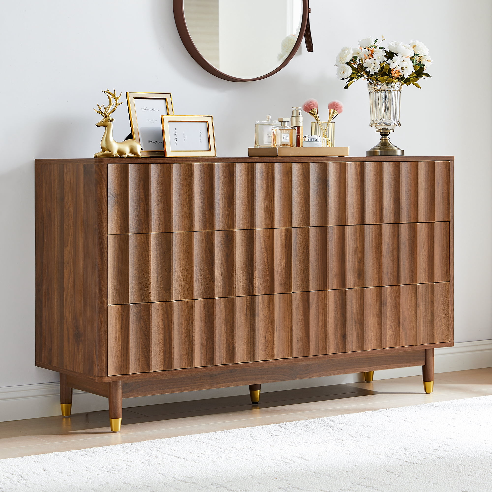 LEFHDA 53" Dresser Fluted 6 Drawer Dresser, Large Modern Chest of Drawers, Wide Wood Storage Dressers Organizer Storage Cabinet for Bedroom Living Room Hallway Entryway
