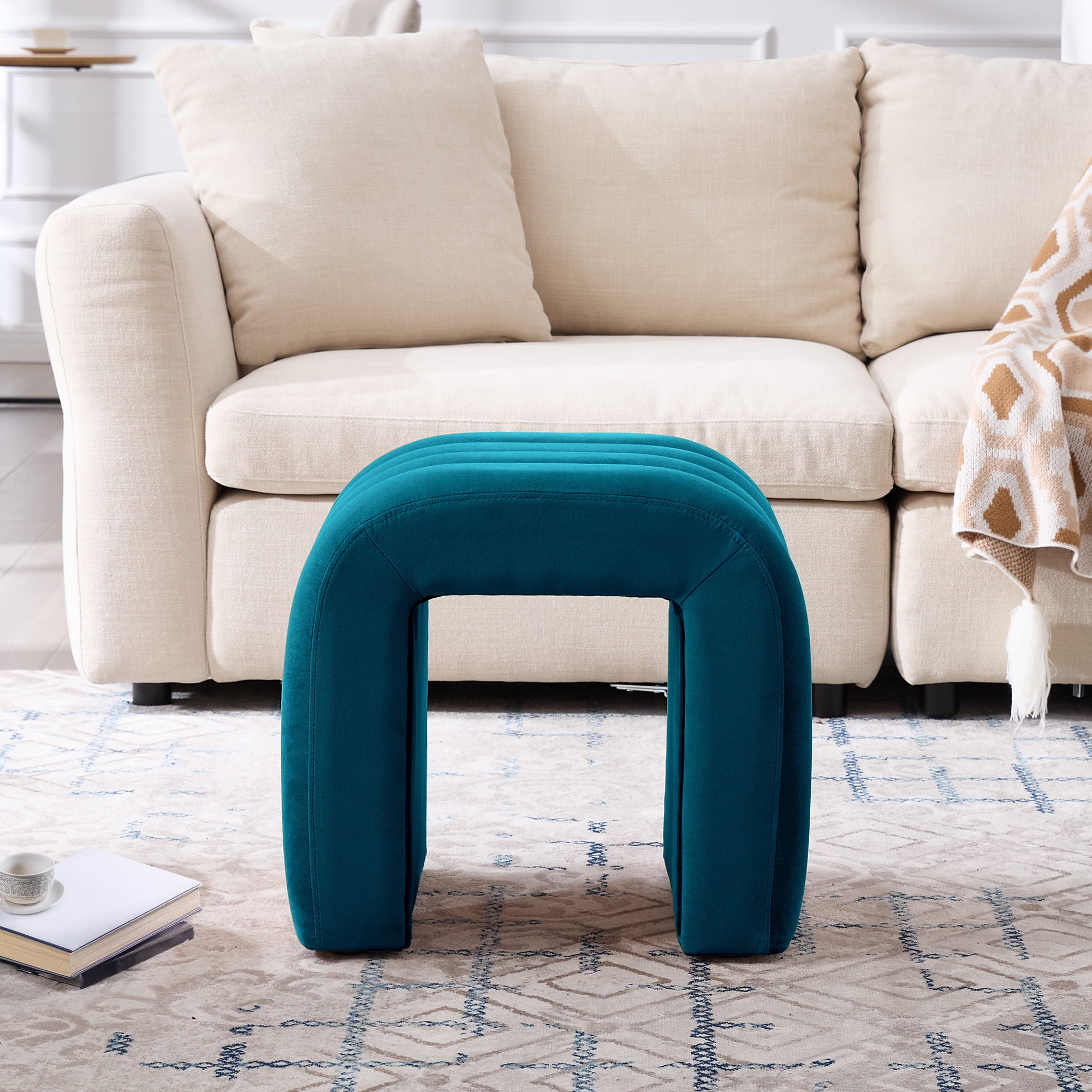 Zesthouse Multi-Functional Ottoman Stool, Tufted Velvet Foot Stools Ottoman for Couch, Modern Vanity Stool for Living Room, Bedroom and Entryway, Teal