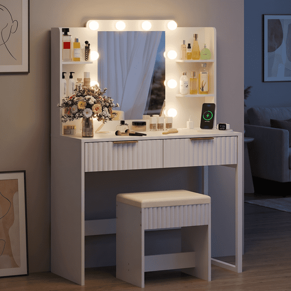 Zimtown Modern Makeup Vanity Table Set with LED Lights , Mirror and Charging Station, Dressing Desk with 2 Drawers for Bedroom, White