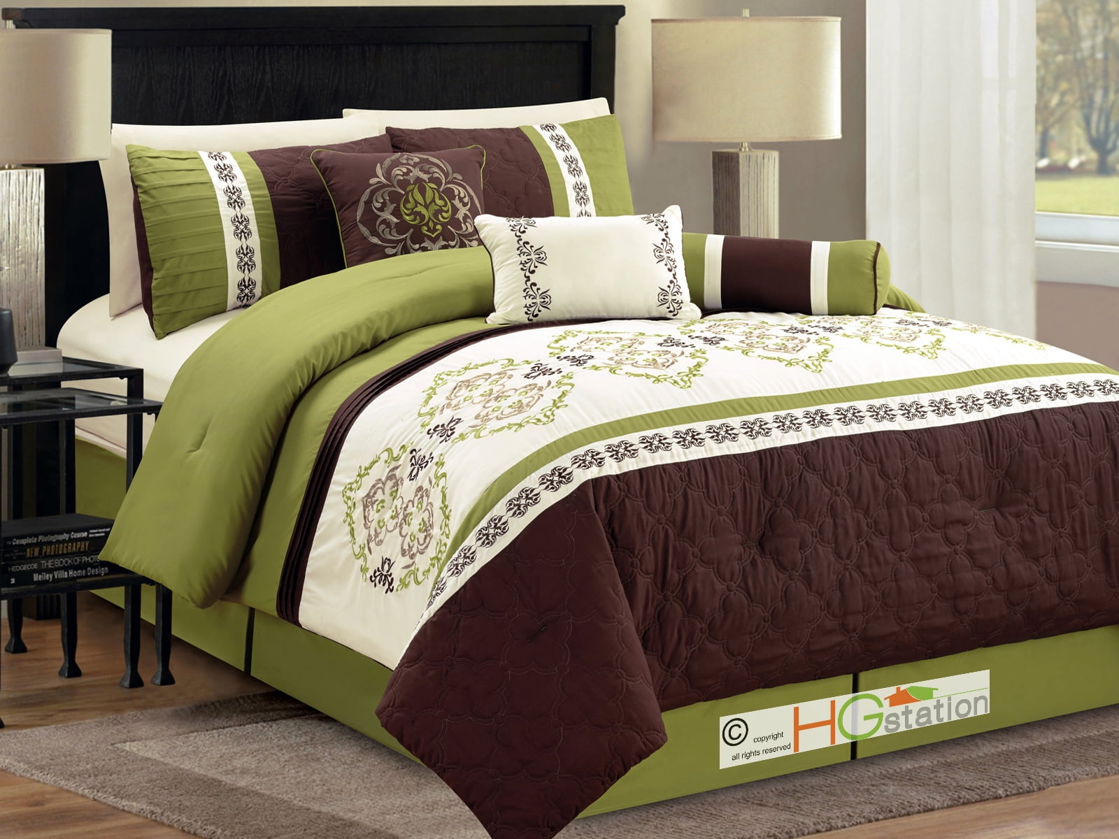 7Pc Quilted Trellis Damask Floral Embroidery Comforter Set Sage Green