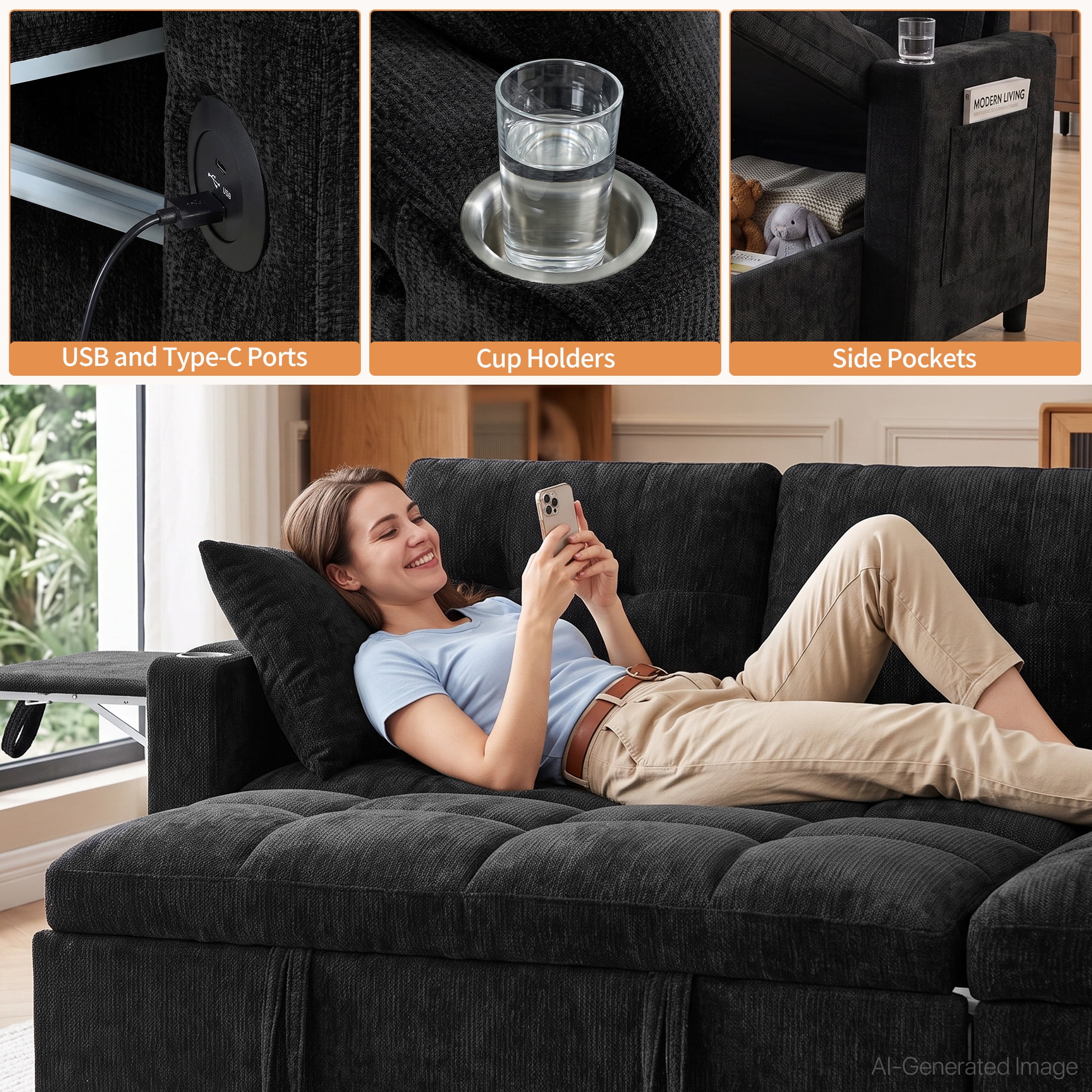 Aenkyo 108" Chenille U-Shaped Sectional Pull Out Sofa Bed with Dual Storage Chaises, Black