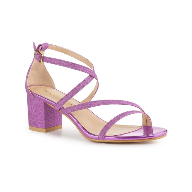BLISSFUL STEP Sandales à Talons Épais à Brides Croisées Pailletées pour Femme Violet (Taille 9)